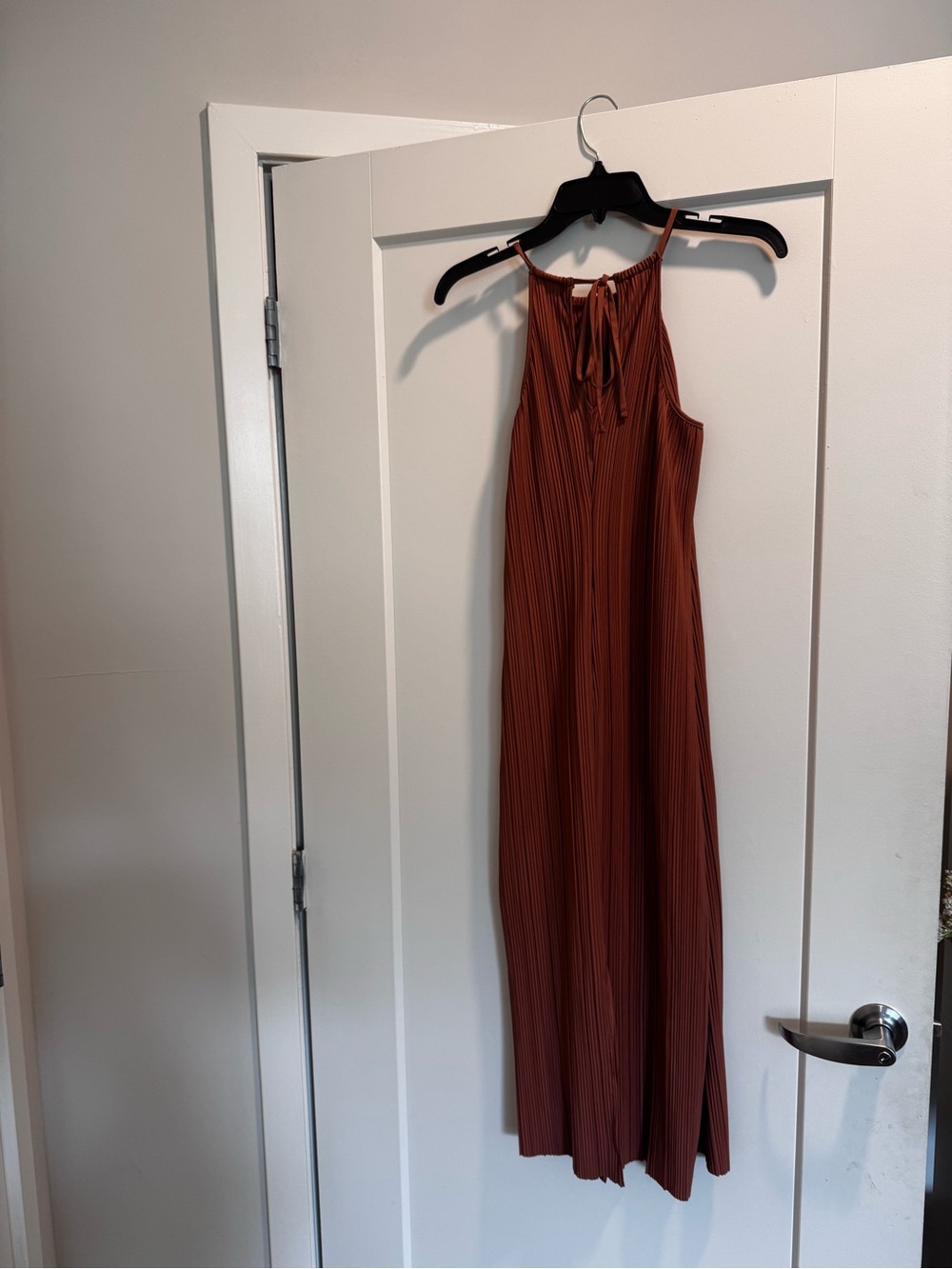 Sleeveless Pleated Halter Maxi Dress in Rust